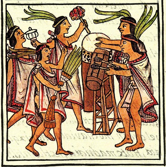 cérémonie amérindienne Aztec, joueurs de tambours, illustration du 16e siècle
