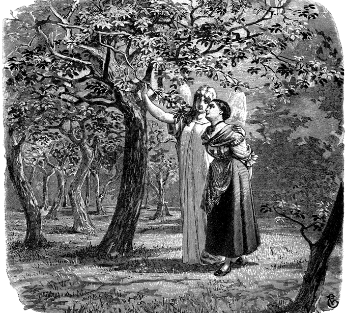 La jeune fille sans main, illustration gravure du conte, jeune fille et esprit devant le pommier