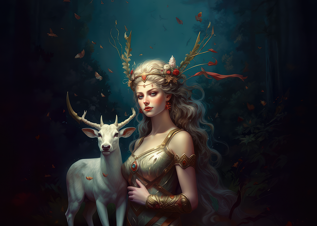 Artémis, déesse grecque avec un cerf blanc