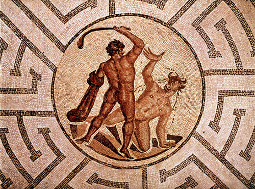 Thésée combattant le minotaure dans le labyrinthe. Mosaïque antique