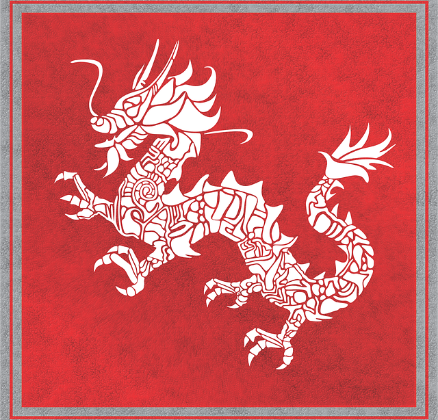 Dragon chinois blanc sur fond rouge