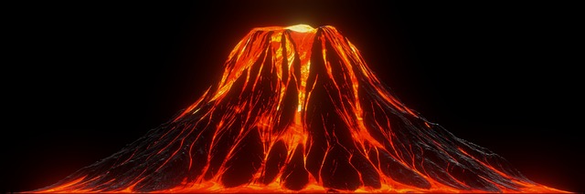 Volcan avec lave rouge coulant le long